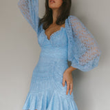 Halley Balloon Sleeve Frill Bust Flounce Hem Lace Dress Baby Blue