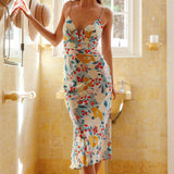 Lake Como Fitted Bodice Cami Strap Midi Dress Floral Paint Green