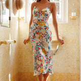 Lake Como Fitted Bodice Cami Strap Midi Dress Floral Paint Green
