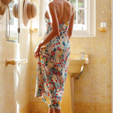 Lake Como Fitted Bodice Cami Strap Midi Dress Floral Paint Green