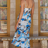 Lake Como Fitted Bodice Cami Strap Midi Dress Marbled Blue