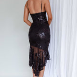 Lake Como Fitted Bodice High-Low Sequin Dress Black