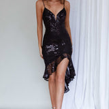 Lake Como Fitted Bodice High-Low Sequin Dress Black