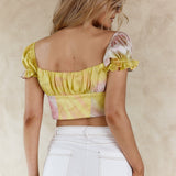 Chasing Waterfalls Double Tie Puff Sleeve Satin Crop Top Pink/Yellow