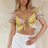 Chasing Waterfalls Double Tie Puff Sleeve Satin Crop Top Pink/Yellow