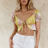 Chasing Waterfalls Double Tie Puff Sleeve Satin Crop Top Pink/Yellow