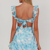 Porcia Tied Back Frill Dress Leaves Blues