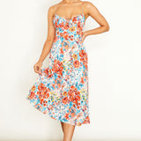 Malibu Gathered Bust Cami Strap Midi Dress Floral Orange