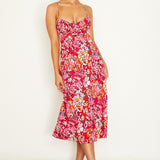 Malibu Gathered Bust Cami Strap Midi Dress Floral Red