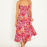 Malibu Gathered Bust Cami Strap Midi Dress Floral Red
