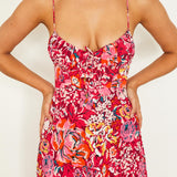Malibu Gathered Bust Cami Strap Midi Dress Floral Red