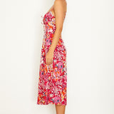 Malibu Gathered Bust Cami Strap Midi Dress Floral Red