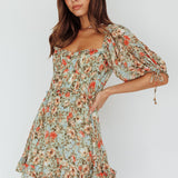 Kirra Puff Sleeve Ruched Bodice Dress Floral Green