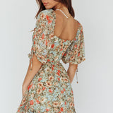 Kirra Puff Sleeve Ruched Bodice Dress Floral Green