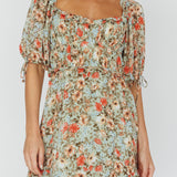 Kirra Puff Sleeve Ruched Bodice Dress Floral Green