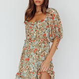 Kirra Puff Sleeve Ruched Bodice Dress Floral Green