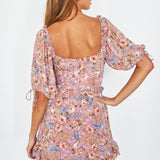 Kirra Puff Sleeve Ruched Bodice Dress Floral Pink