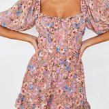 Kirra Puff Sleeve Ruched Bodice Dress Floral Pink