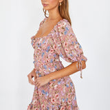 Kirra Puff Sleeve Ruched Bodice Dress Floral Pink