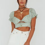 Sweet Romance Sweetheart Neckline Crop Top Floral Sage