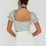 Sweet Romance Sweetheart Neckline Crop Top Floral Sage