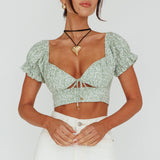 Sweet Romance Sweetheart Neckline Crop Top Floral Sage