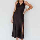 Champagne Showers Halterneck Slip Midi Dress Black