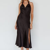 Champagne Showers Halterneck Slip Midi Dress Black