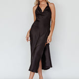 Champagne Showers Halterneck Slip Midi Dress Black