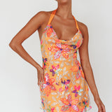 Champagne Showers Halterneck Slip Mini Dress Sequin Floral Orange