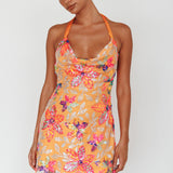 Champagne Showers Halterneck Slip Mini Dress Sequin Floral Orange