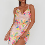 Champagne Showers Halterneck Slip Mini Dress Sequin Floral Pink
