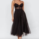 Trophy Lace Bodice Mesh Midi Dress Black