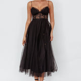 Trophy Lace Bodice Mesh Midi Dress Black