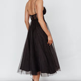 Trophy Lace Bodice Mesh Midi Dress Black
