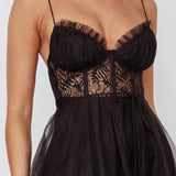 Trophy Lace Bodice Mesh Midi Dress Black