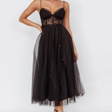 Trophy Lace Bodice Mesh Midi Dress Black
