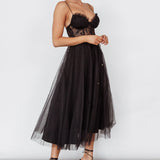 Trophy Lace Bodice Mesh Midi Dress Black