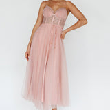Trophy Lace Bodice Mesh Midi Dress Blush