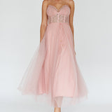 Trophy Lace Bodice Mesh Midi Dress Blush