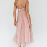 Trophy Lace Bodice Mesh Midi Dress Blush