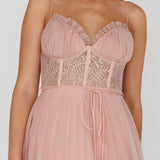 Trophy Lace Bodice Mesh Midi Dress Blush