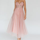 Trophy Lace Bodice Mesh Midi Dress Blush