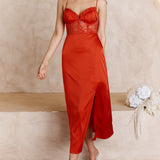 Trophy Lace Bodice Midi Dress Red