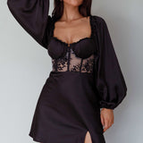 Trophy Long Sleeve Lace Bodice Mini Dress Black