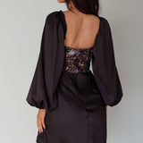 Trophy Long Sleeve Lace Bodice Mini Dress Black