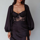 Trophy Long Sleeve Lace Bodice Mini Dress Black