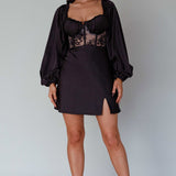 Trophy Long Sleeve Lace Bodice Mini Dress Black