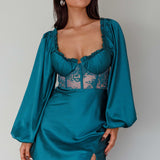 Trophy Long Sleeve Lace Bodice Mini Dress Forest Green