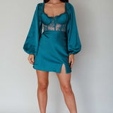 Trophy Long Sleeve Lace Bodice Mini Dress Forest Green